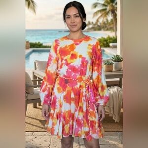 Alex Marie Pink & Orange Tie-Dye Long Sleeve Midi Dress Size 10